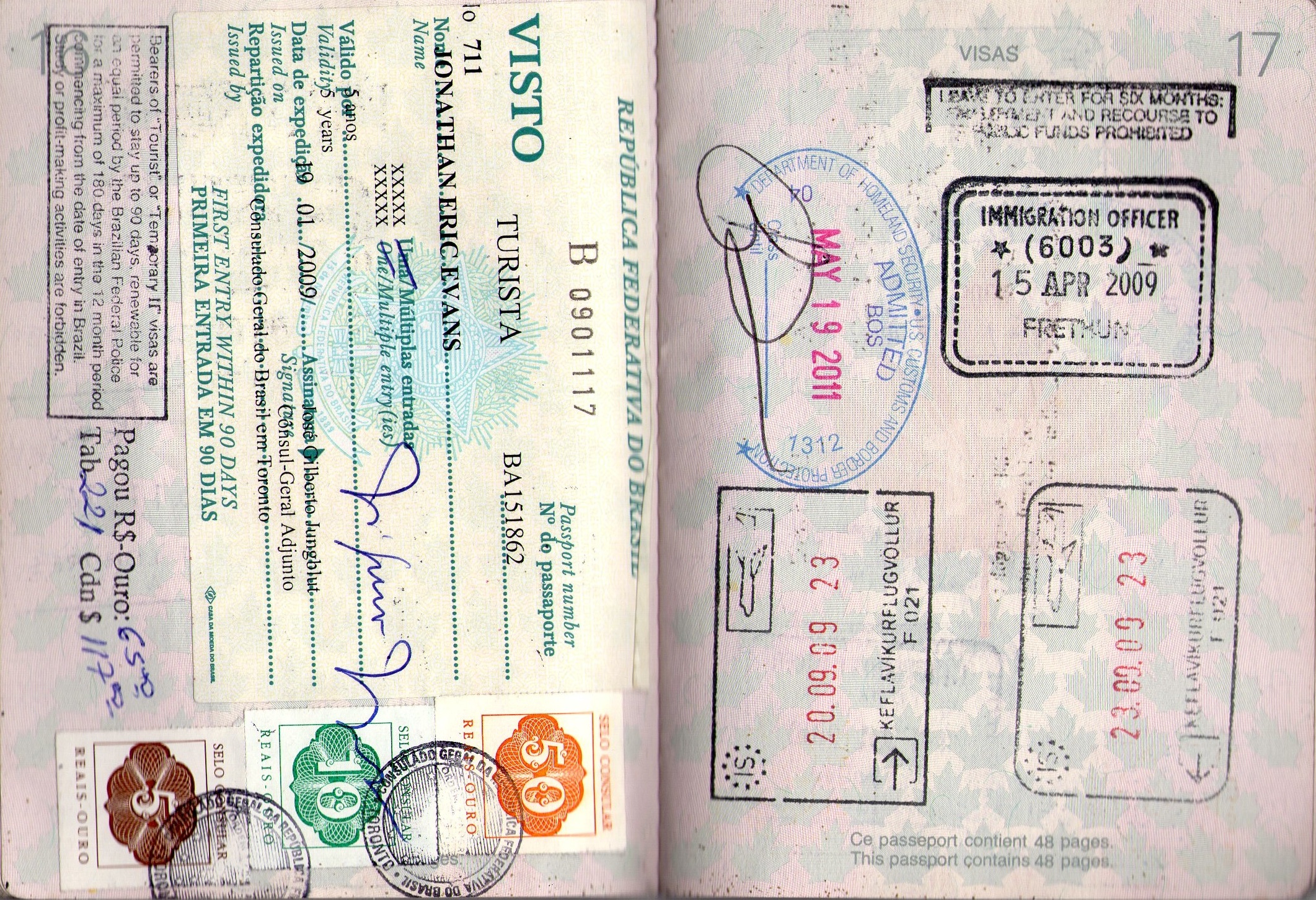 Passport stamps from Brazil, Iceland, the UK, and the US on passport pages